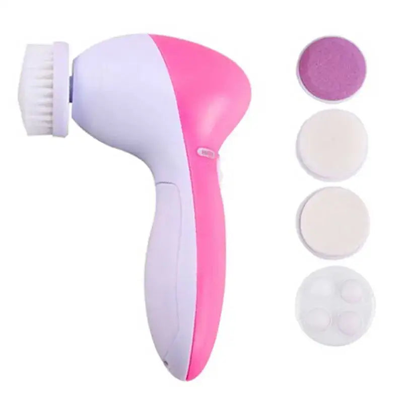 Pink and white handheld facial cleansing brush with interchangeable heads.