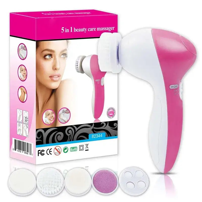 Pink and white handheld facial cleansing and massaging device with interchangeable attachments.