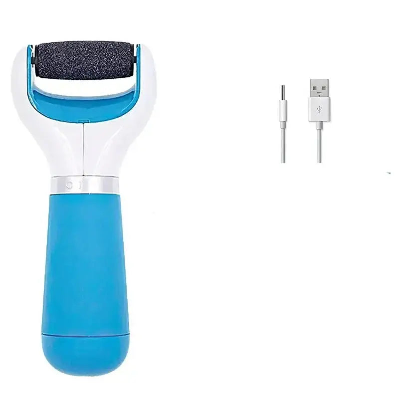 Electric foot file with a blue and white handle and a dark abrasive roller head.