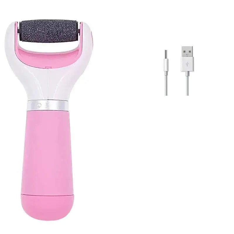 Electric foot file or callus remover with a pink and white design.