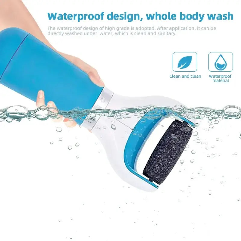 Handheld electric body scrubber with a blue handle and dark exfoliating head.