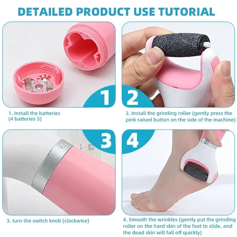 Pink electric foot file or callus remover with step-by-step usage instructions.