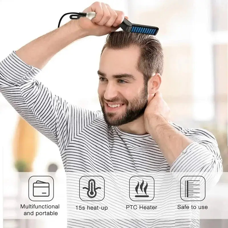 Hair straightening brush with various features highlighted by icons below.