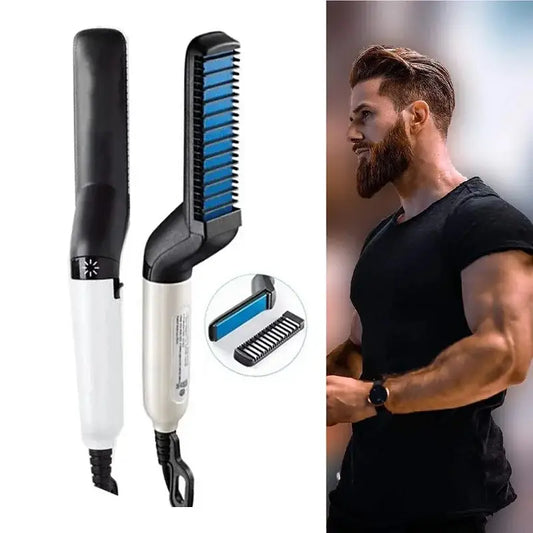 Beard straightening brush with heated ceramic plates and bristles.