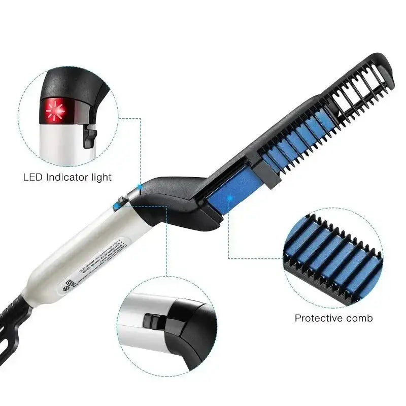 Electric hair straightening brush with LED indicator and protective comb teeth.