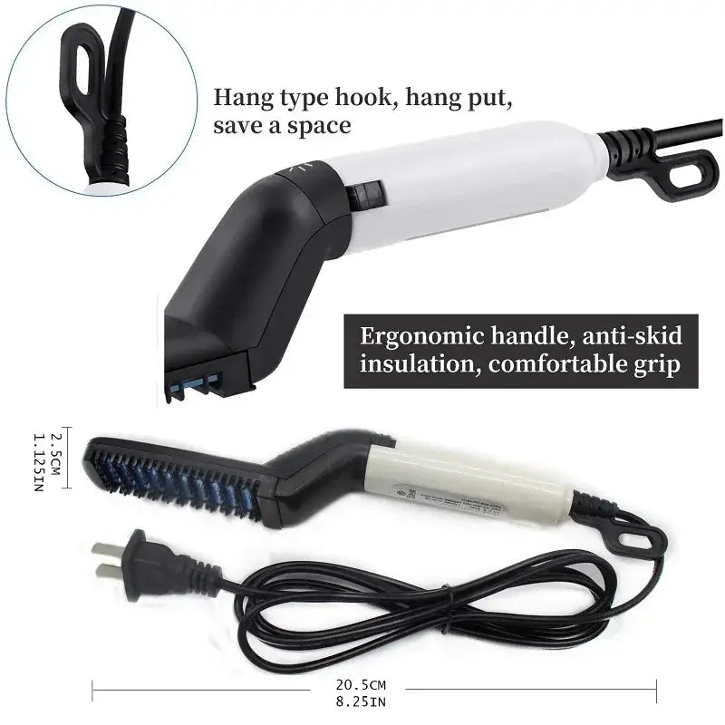 Electric hair straightener with a hanging hook and ergonomic handle.