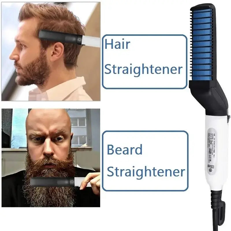 Hair and beard straightening tool with a comb-like attachment.