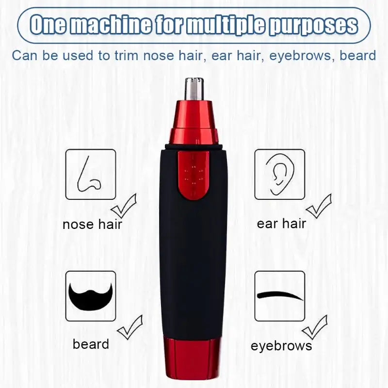 Handheld electric trimmer for grooming facial and ear hair.