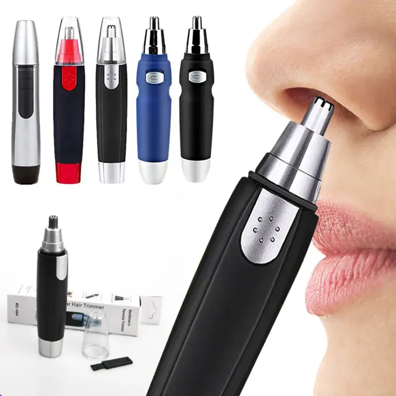 Nose hair trimmer with various color options displayed.