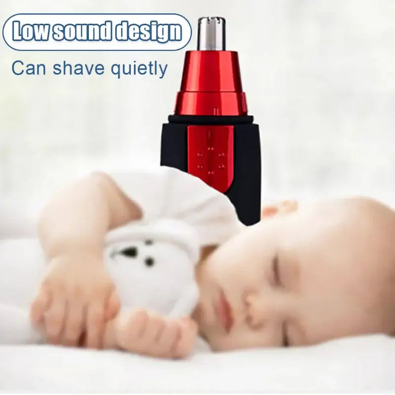 Red and black electric nose hair trimmer with ’Low sound design’ text.