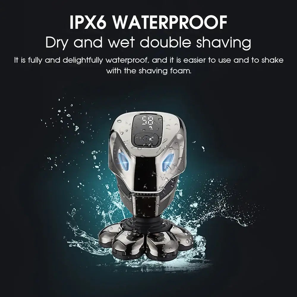 Futuristic-looking electric shaver with a digital display and water splashing around it.