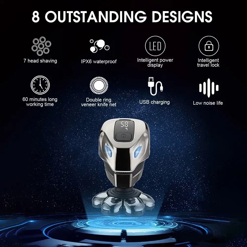 Futuristic electric shaver with multiple cutting heads and a digital display.