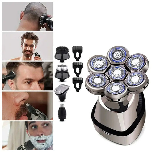 Electric rotary shaver with multiple cutting heads and various attachments for grooming.