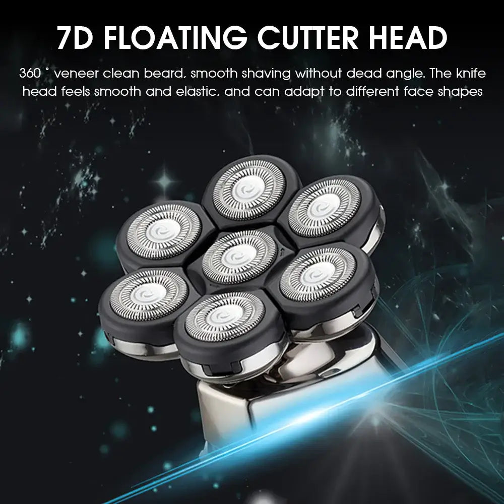 Seven-headed electric shaver with circular blades arranged in a hexagonal pattern.