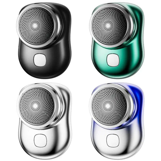 Portable electric shavers in four different colors: black, green, silver, and blue.