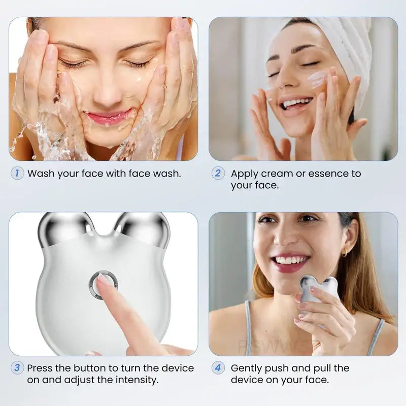 Step-by-step guide for using a facial cleansing and massage device.