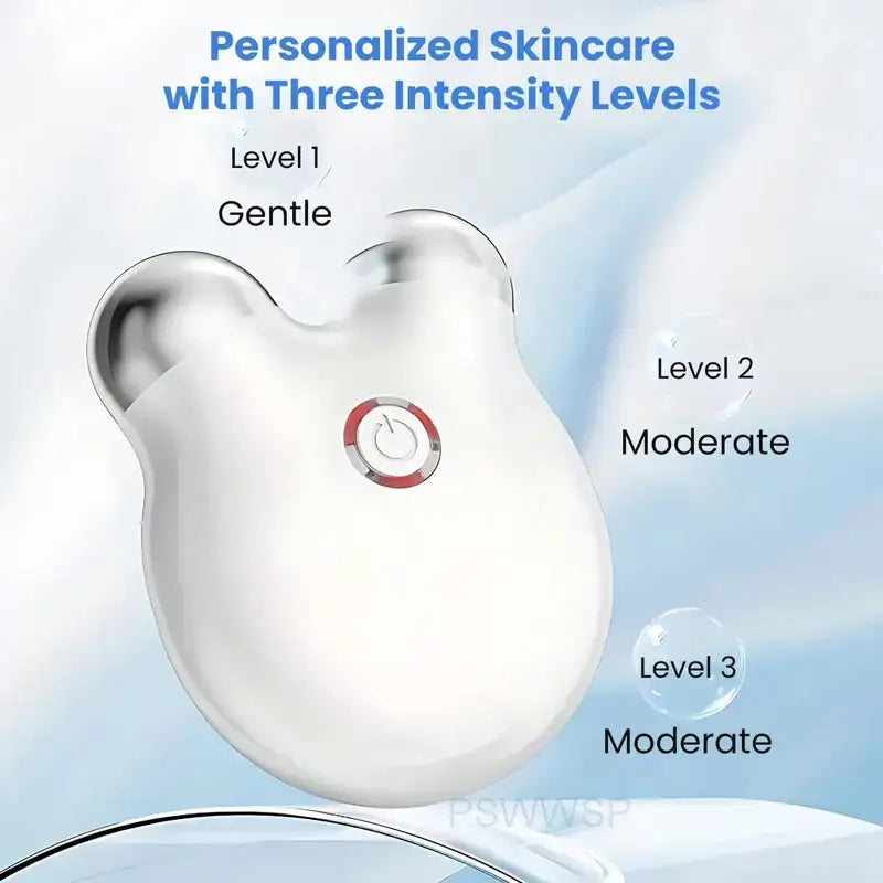 White, teardrop-shaped electronic skincare device with three intensity levels.