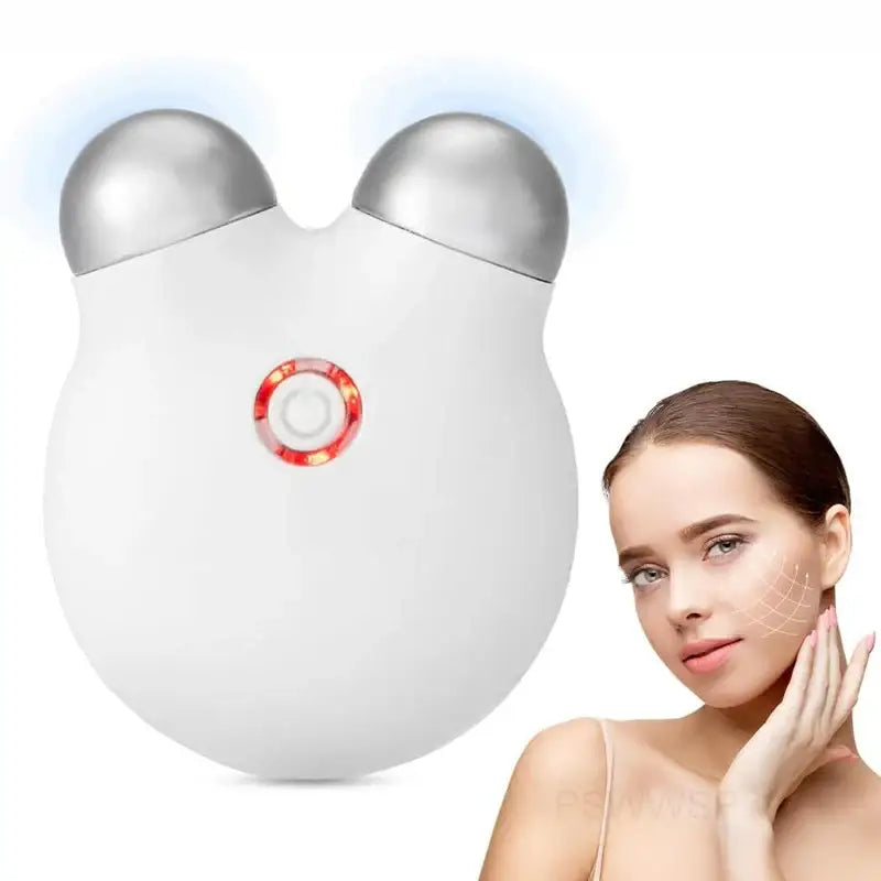 White, mouse-shaped electronic device with two rounded protrusions and a red circular element.