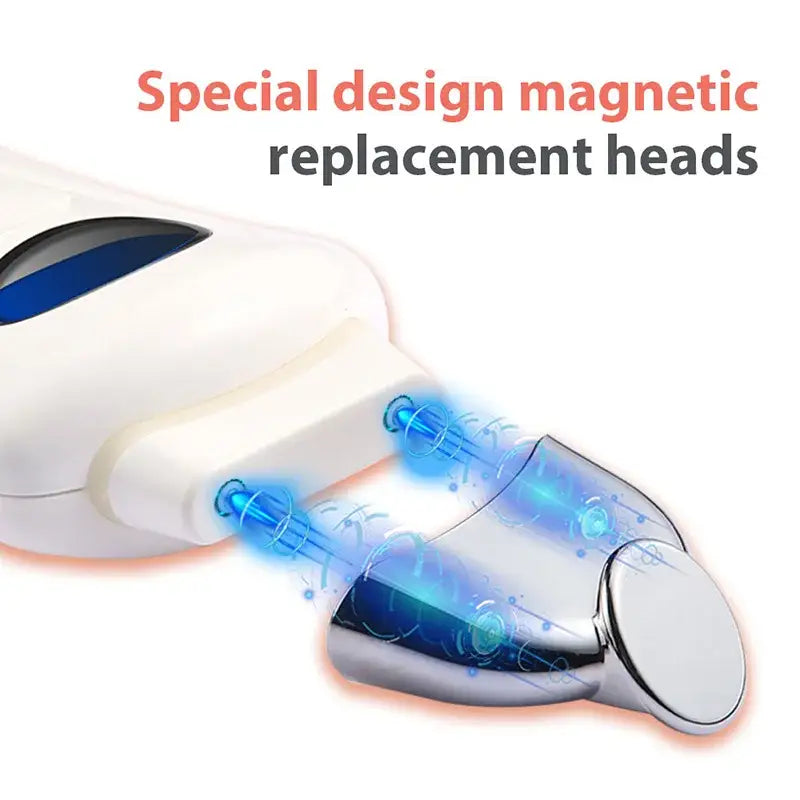 Electronic device with detachable magnetic heads, likely for personal care or grooming.