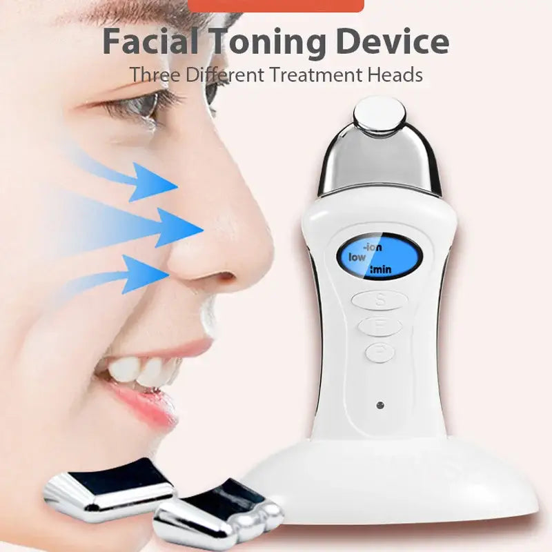 Facial toning device with three different treatment heads.