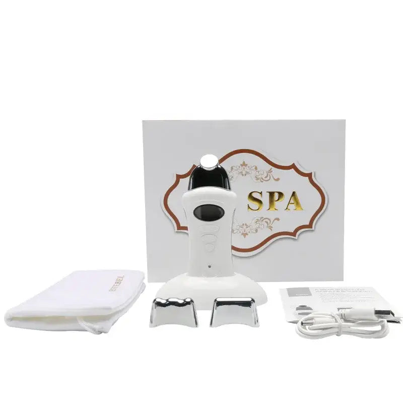 Handheld electronic device with accompanying accessories for spa treatments.