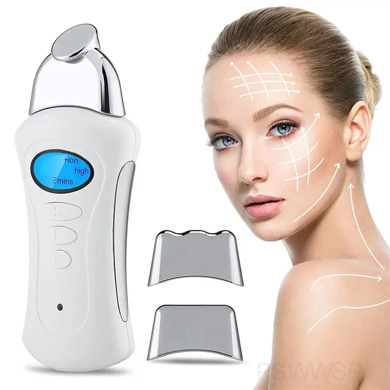 Handheld electronic skincare device with a blue digital display and interchangeable heads.