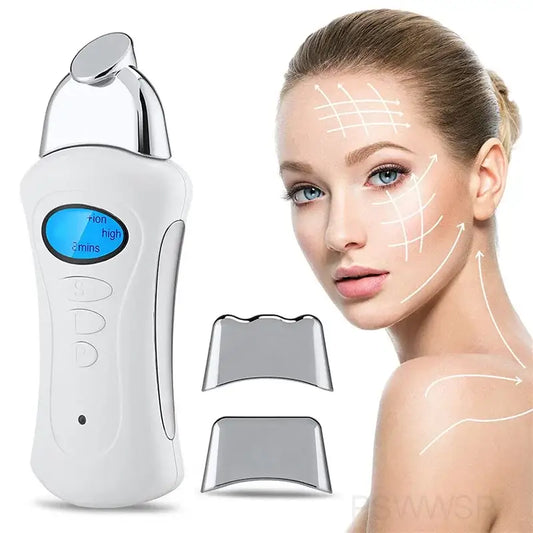 Handheld electronic skincare device with a blue digital display and interchangeable heads.