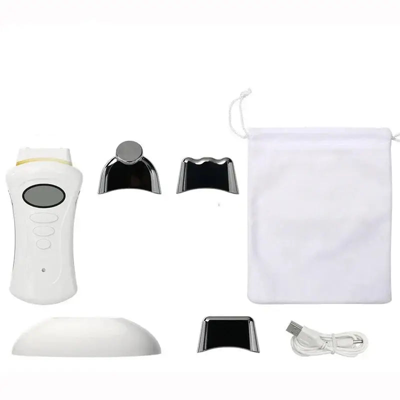 Handheld electronic hair removal device with multiple attachments and a storage pouch.