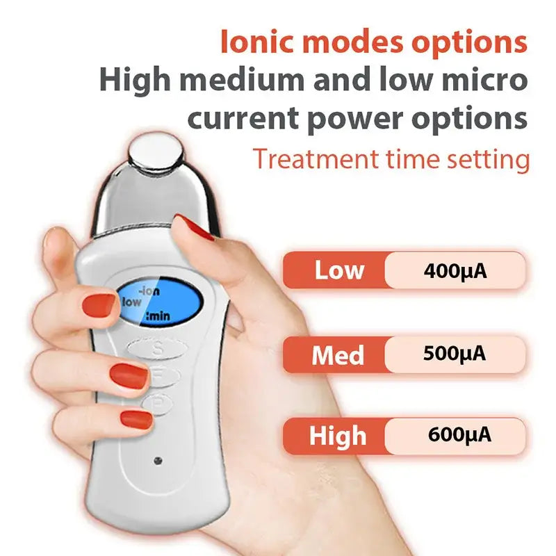 Handheld electronic device with ionic modes and microcurrent power options for treatment.