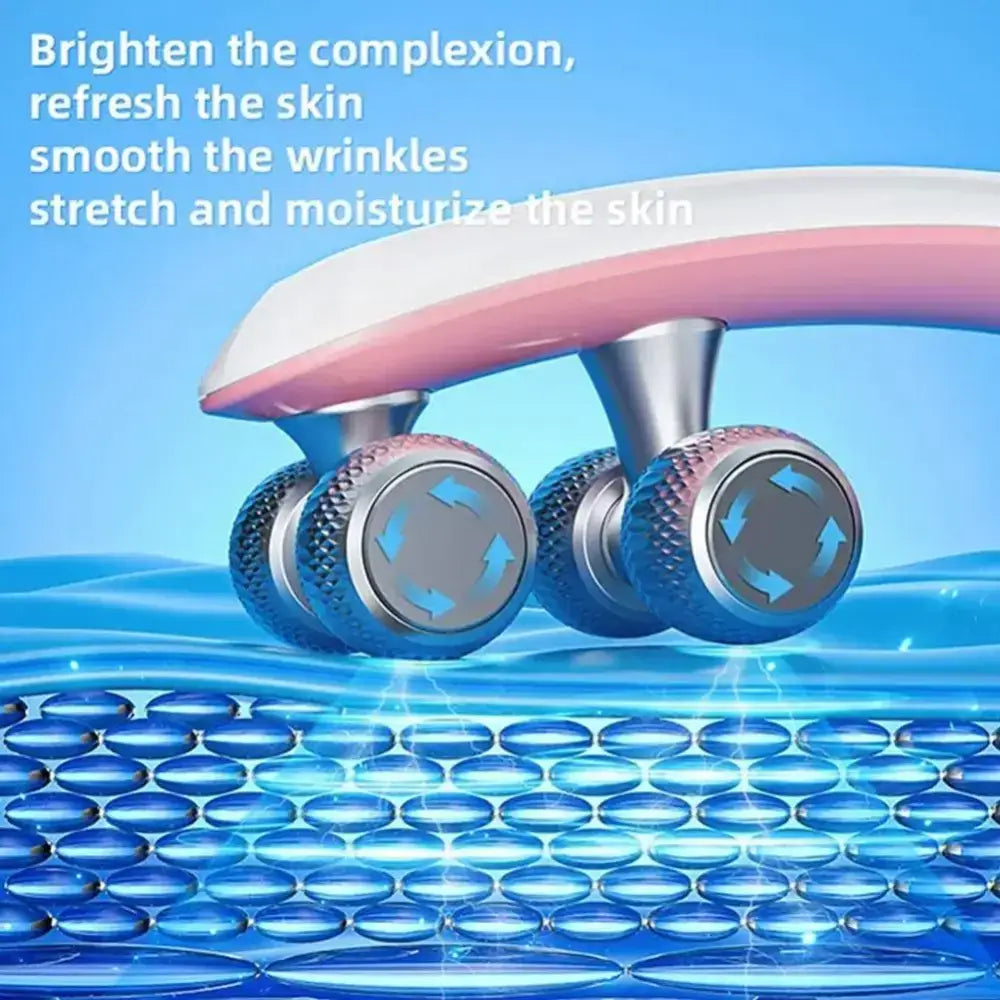 Futuristic beauty roller device with metallic wheels and a pink curved handle.