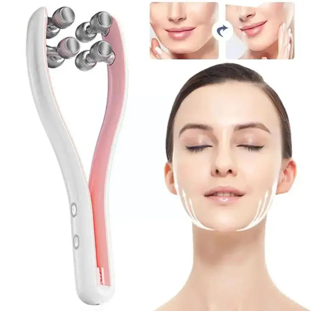 Facial massage roller with multiple metal balls attached to a white and pink handle.