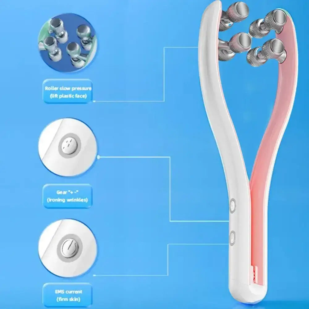 Facial roller device with metallic balls and adjustable settings for skincare.