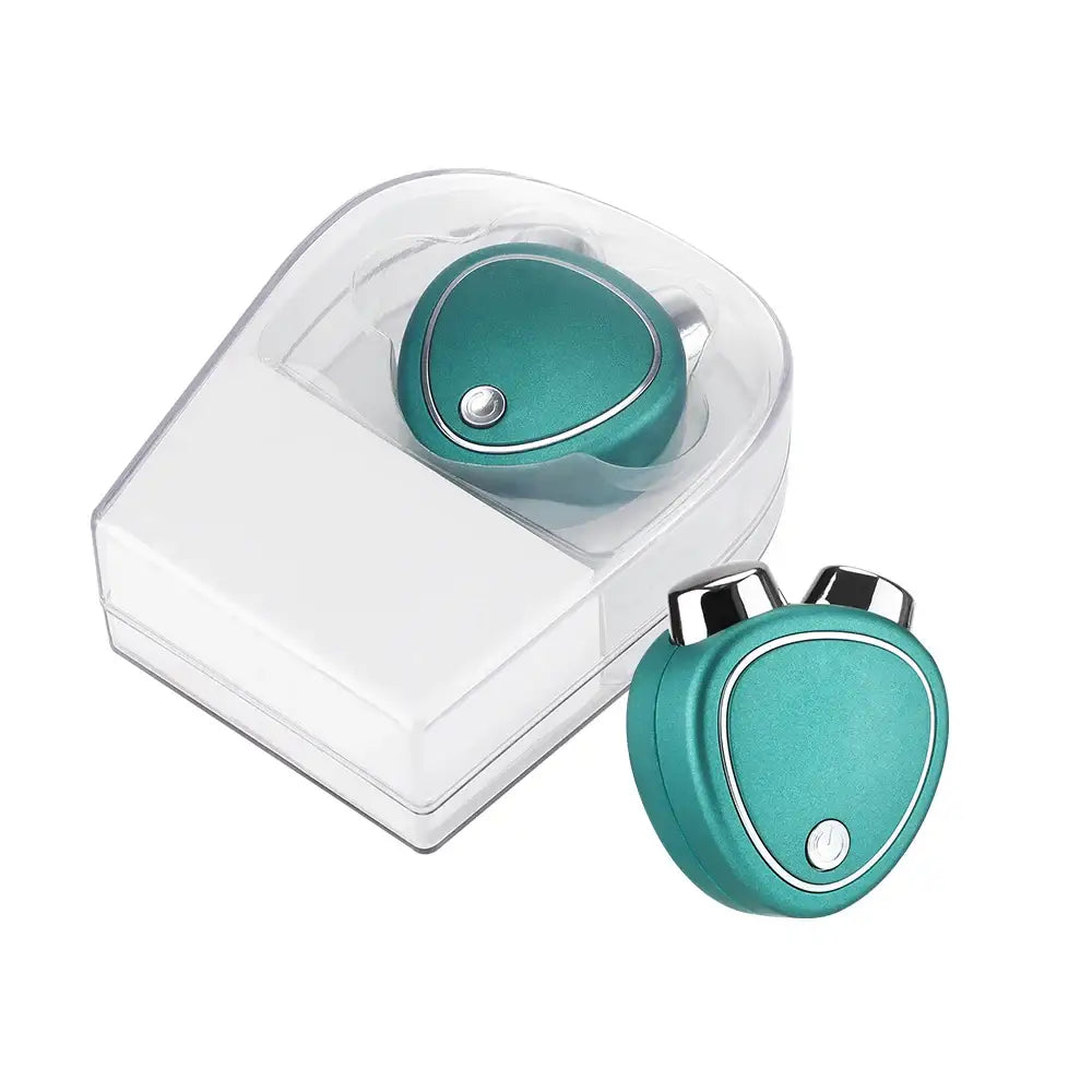 Teal-colored, teardrop-shaped electronic device with a white button, shown with its charging case.