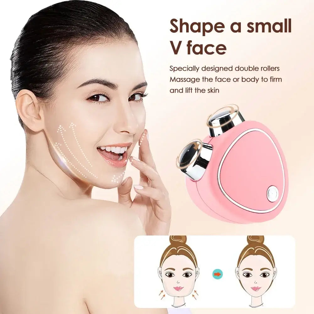 Pink handheld facial massage device with double rollers.