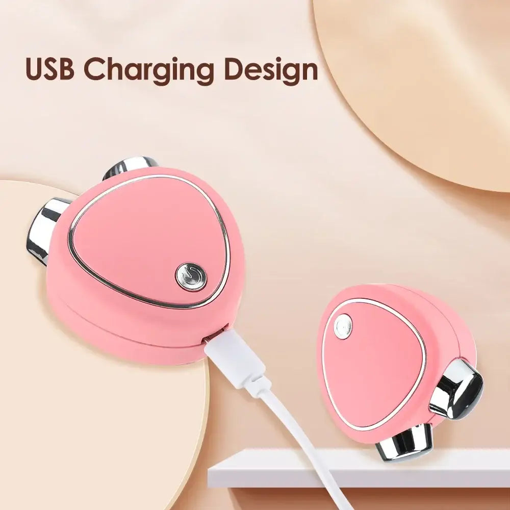 Pink, triangular-shaped USB charging device with metallic accents.