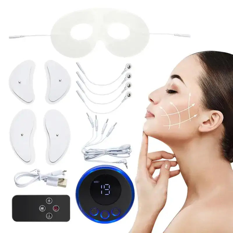 Facial massage and electrical stimulation device set with various attachments and a control unit.