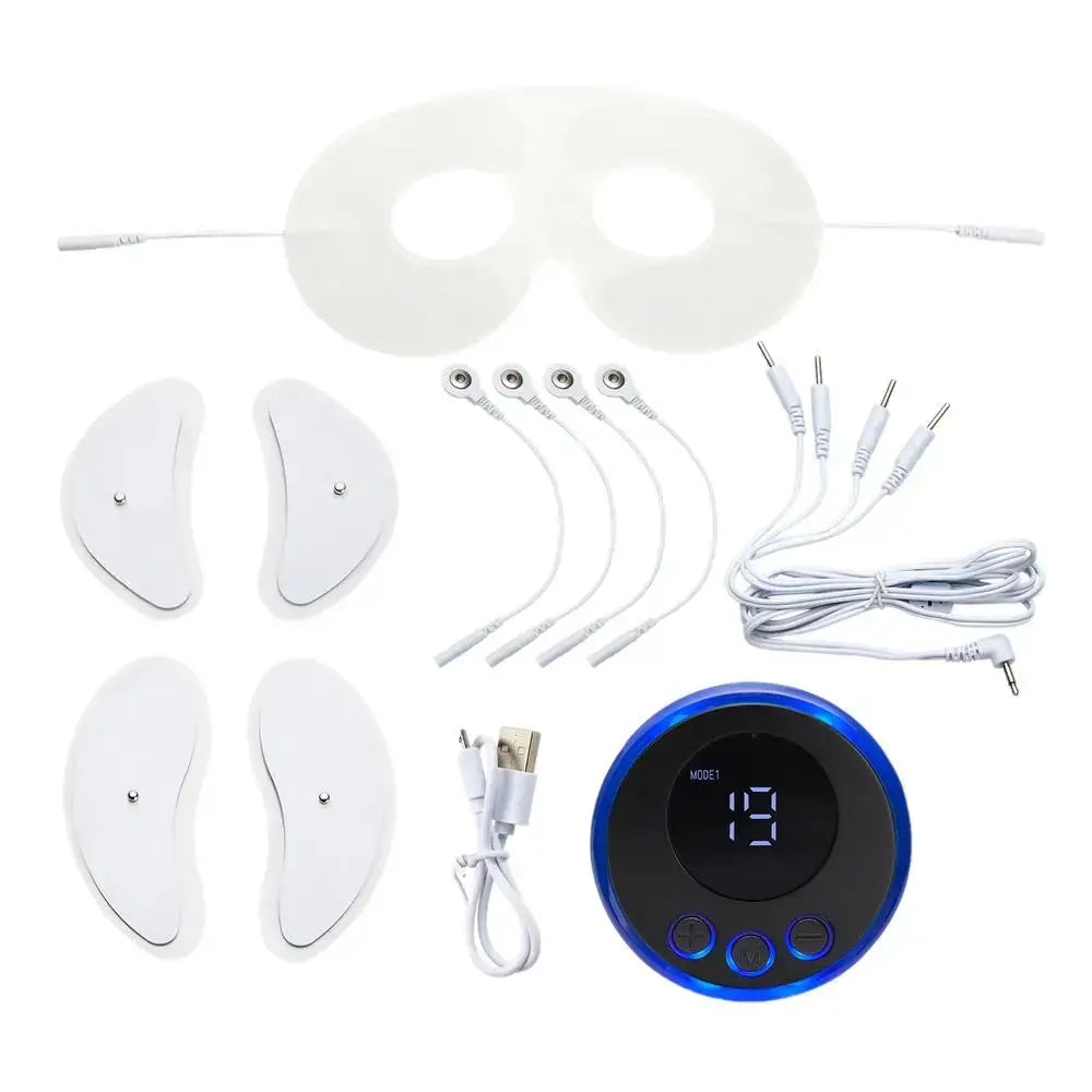 Electronic pulse massager device with electrode pads, mask, and digital display unit.