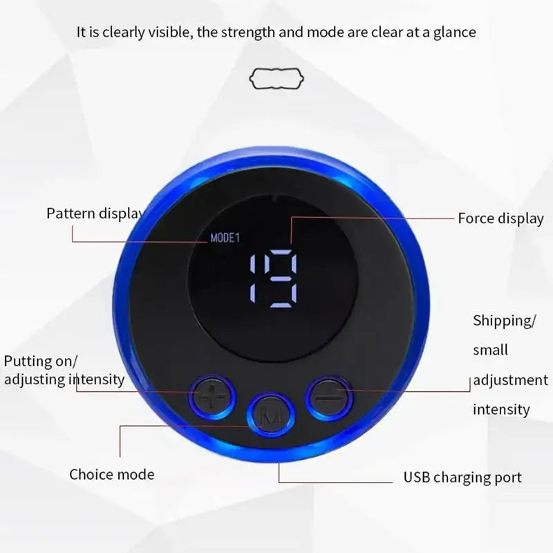 Circular digital display device with blue illuminated rim and control buttons.