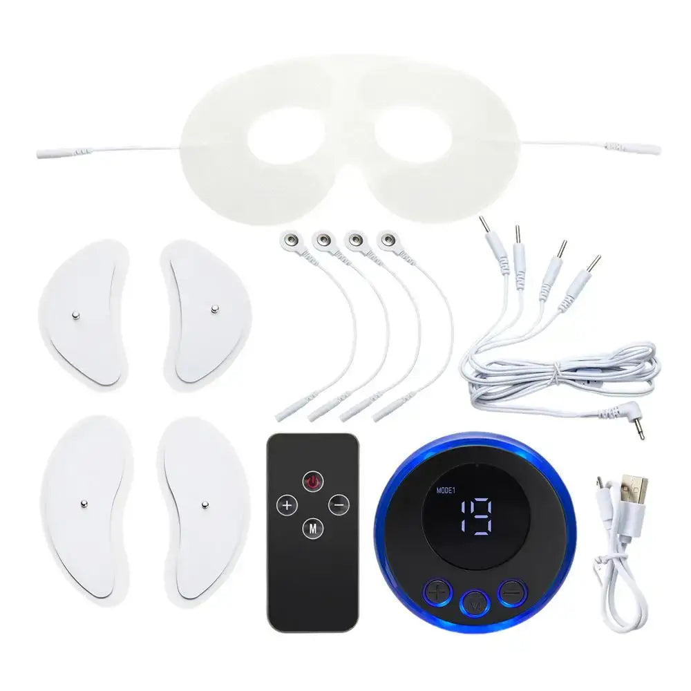 Electronic pulse massager device with electrode pads, remote control, and digital display unit.