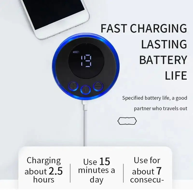 Circular blue-rimmed digital charging device with a display showing battery percentage.