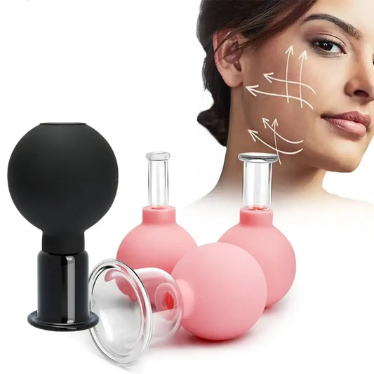 Facial cupping set with pink silicone cups and a black pump.