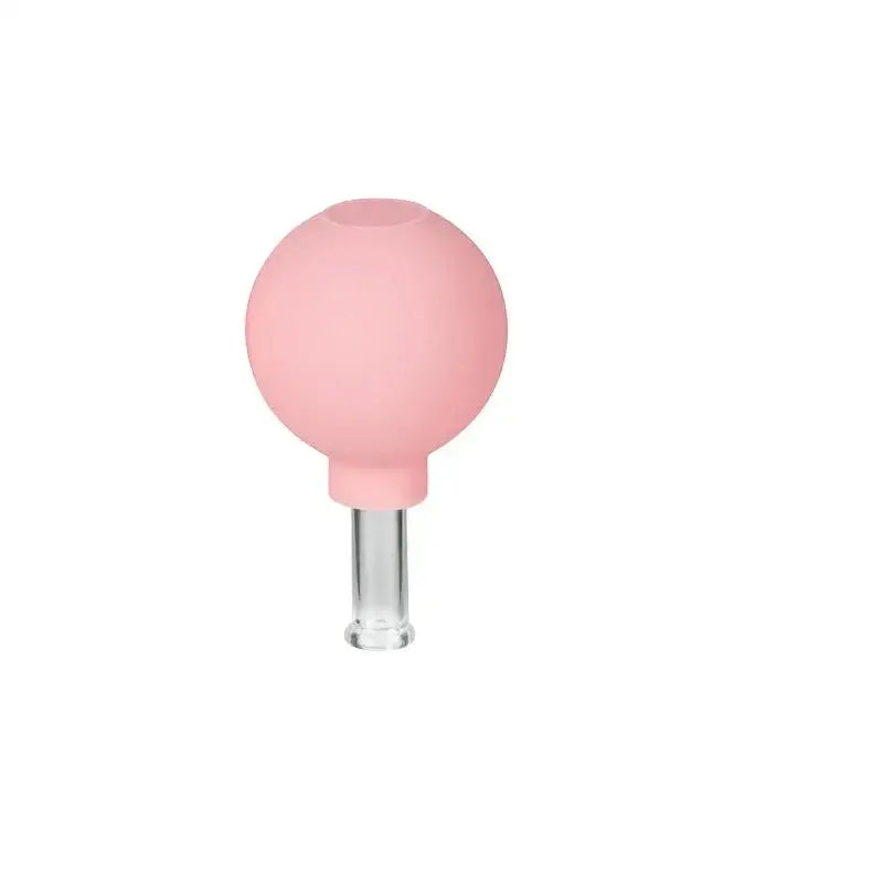 Pink spherical glass bulb atop a clear cylindrical base.