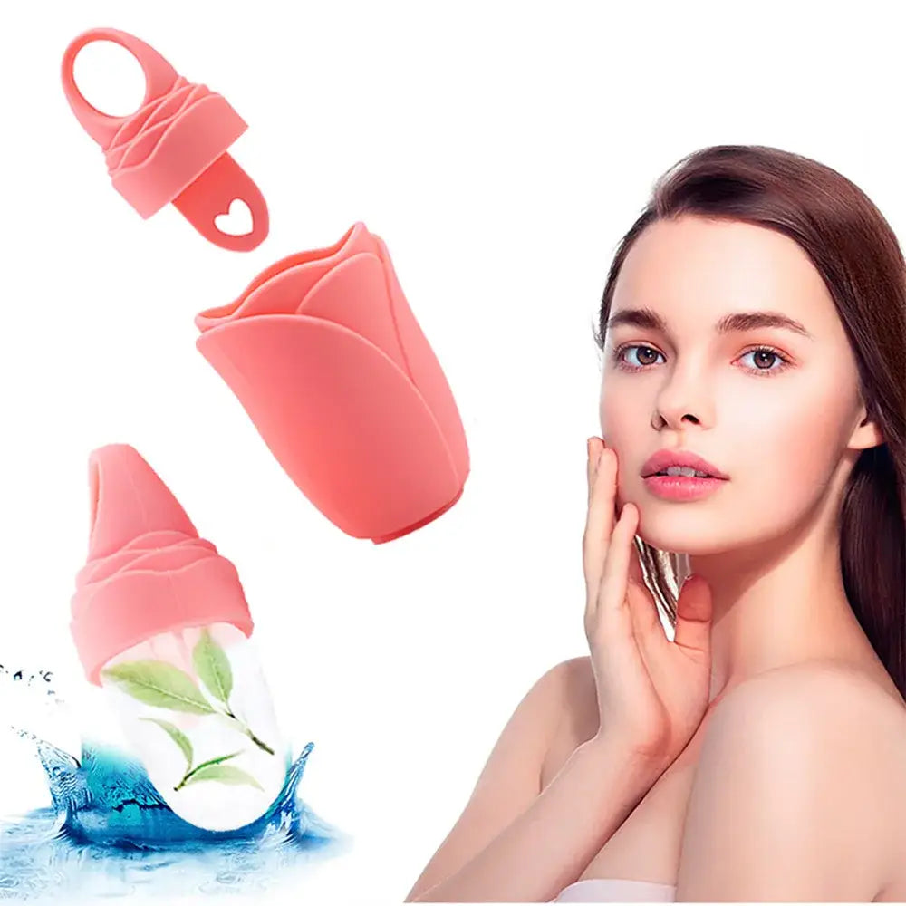 Menstrual cup in pink silicone alongside a woman’s face and a floral illustration.