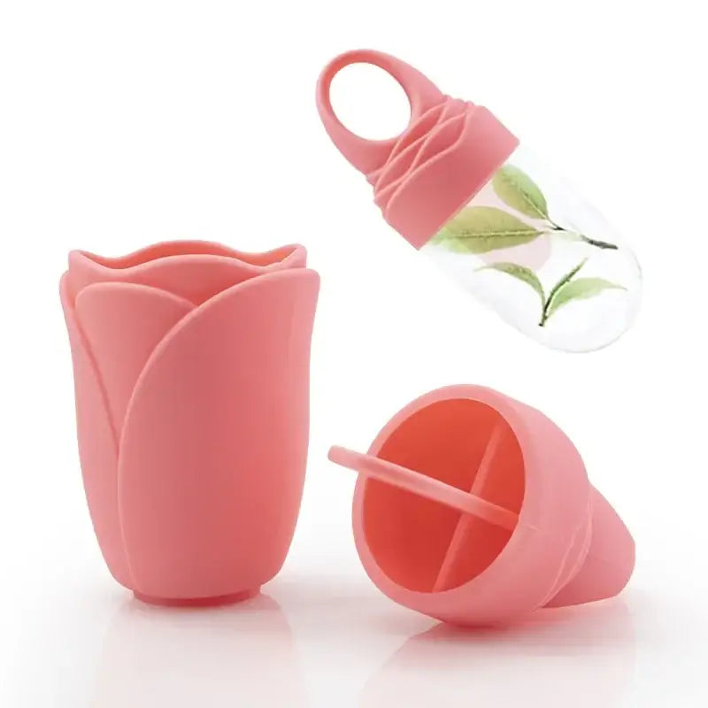 Pink silicone menstrual cup shaped like a rose bud.