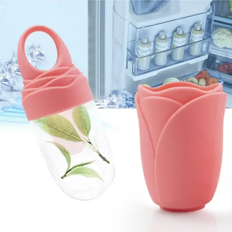 Coral-colored silicone sleeve for protecting glass bottles or cups.