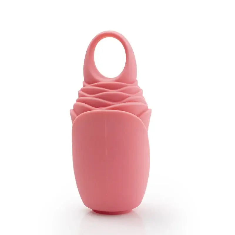 Pink silicone menstrual cup with a textured grip and loop handle.