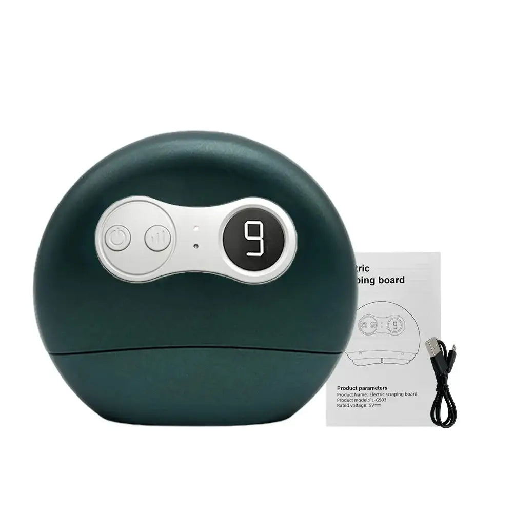 Spherical dark green device with a digital display showing the number 9.