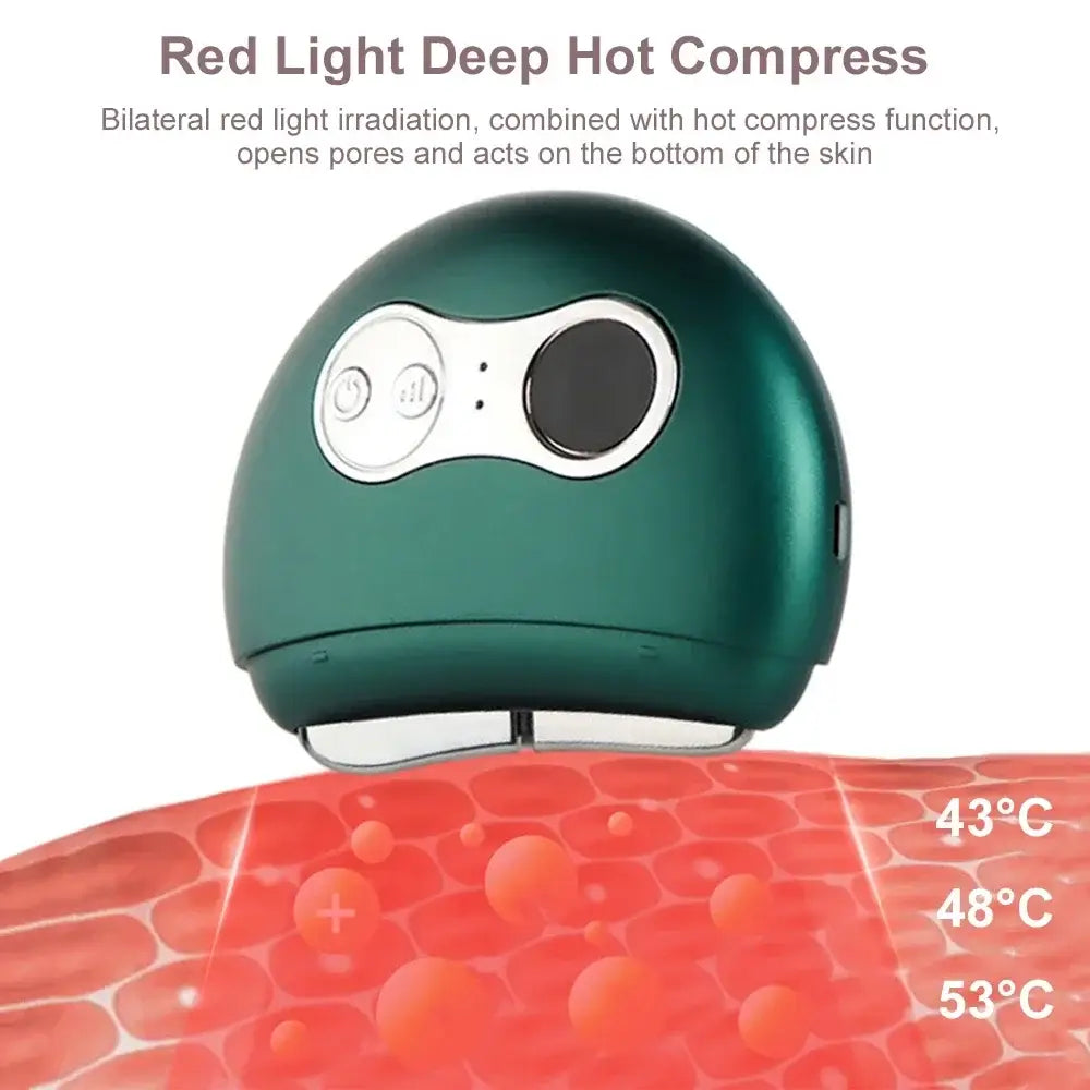 Spherical green device for red light therapy and hot compress treatment of skin.