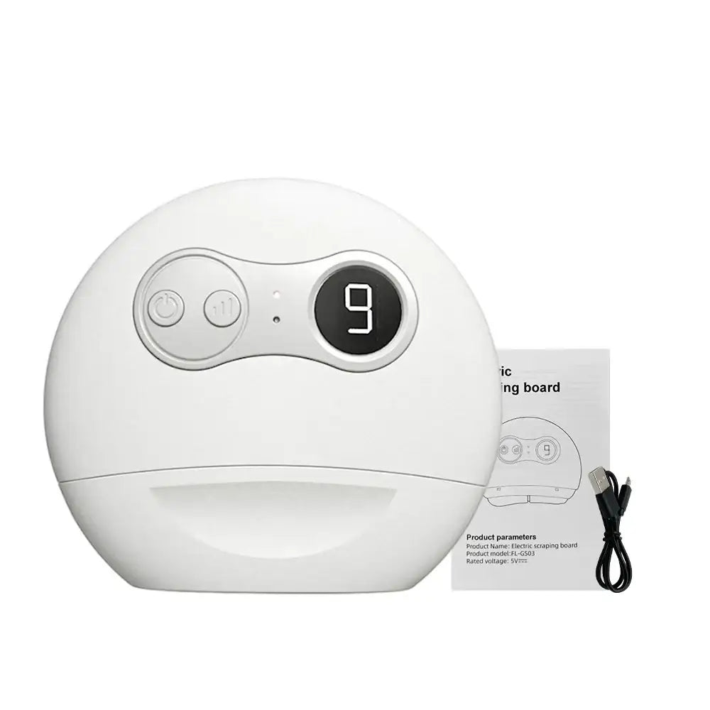 Spherical white electronic device with a digital display and control buttons.