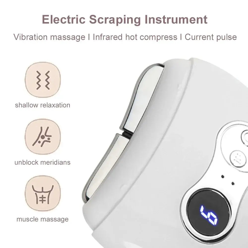 Electric scraping instrument with multiple massage functions and a digital display.